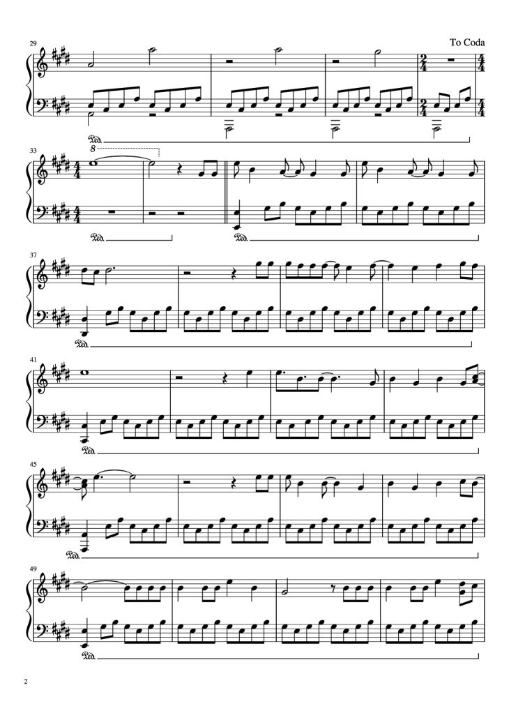 Page 2 of the piano sheet music PDF Piano – Runaway Piano by K. West