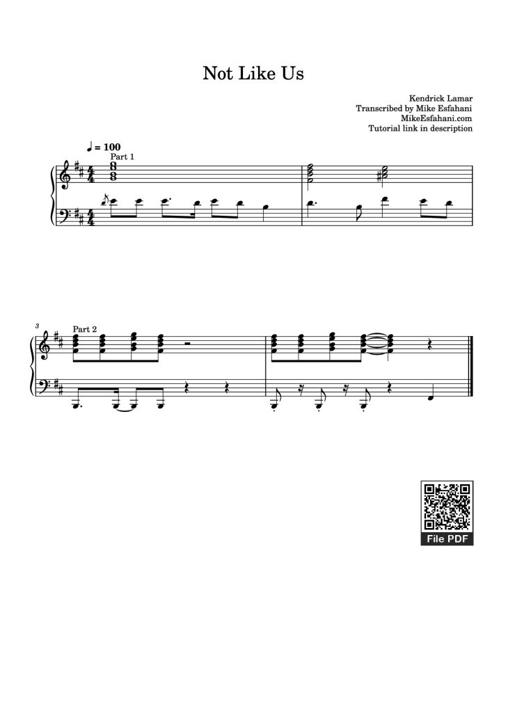 Page 1 of the piano sheet music PDF Piano – Not Like Us Piano by Kendrick Lamar