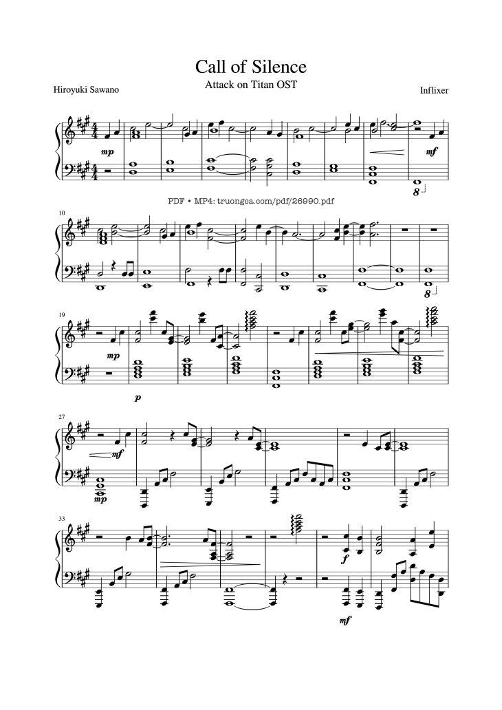 Page 1 of the piano sheet music PDF Piano – Call of Silence Piano by Inflixer