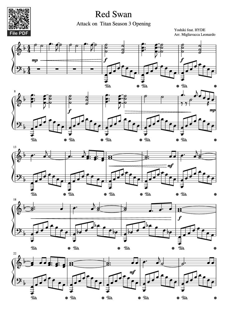 Page 1 of the piano sheet music PDF Piano – Red Swan Piano by Yoshiki - feat. HYDE