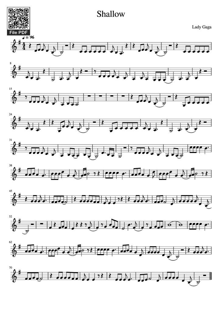 Page 1 of the piano sheet music PDF – Shallow Violin by Lady Gaga