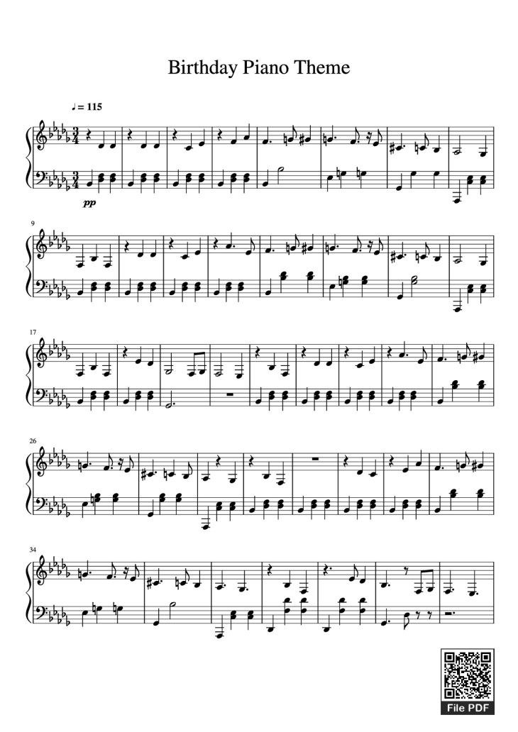 Page 1 of the piano sheet music PDF Piano – Birthday Piano Theme by Undefined