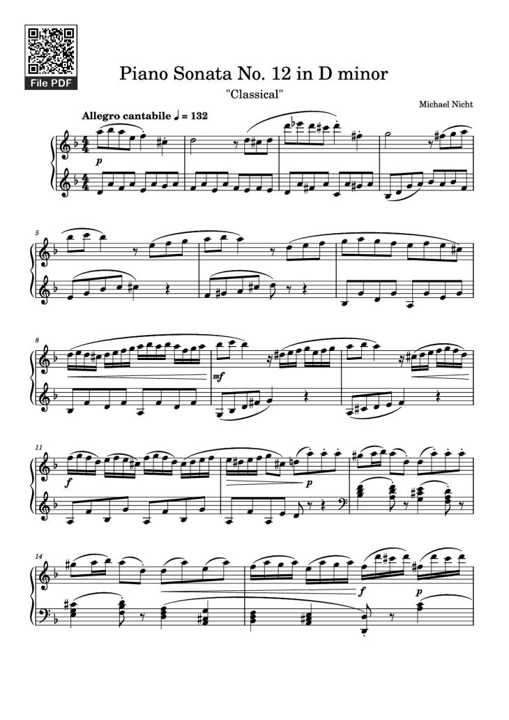 Page 1 of the piano sheet music PDF Piano – Piano Sonata No. 12 in D minor by Michael Nicht