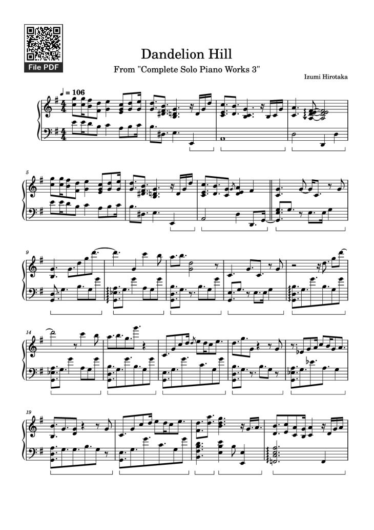 Page 1 of the piano sheet music PDF Piano – Dandelion Hill Piano by Izumi Hirotaka
