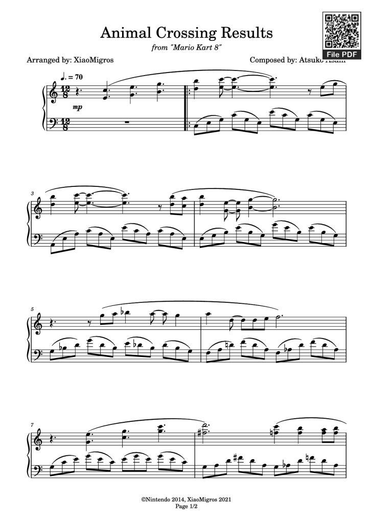Page 1 of the piano sheet music PDF Piano – Animal Crossing Results Piano by Composed by: Atsuko Asahi