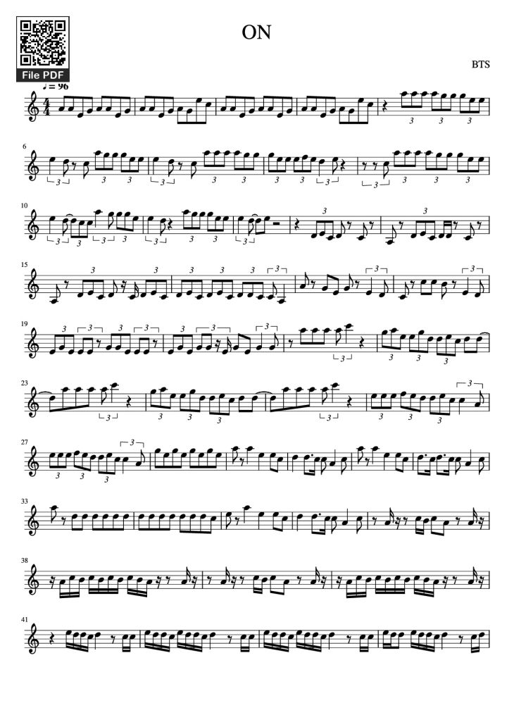 Page 1 of the piano sheet music PDF – ON Violin by BTS
