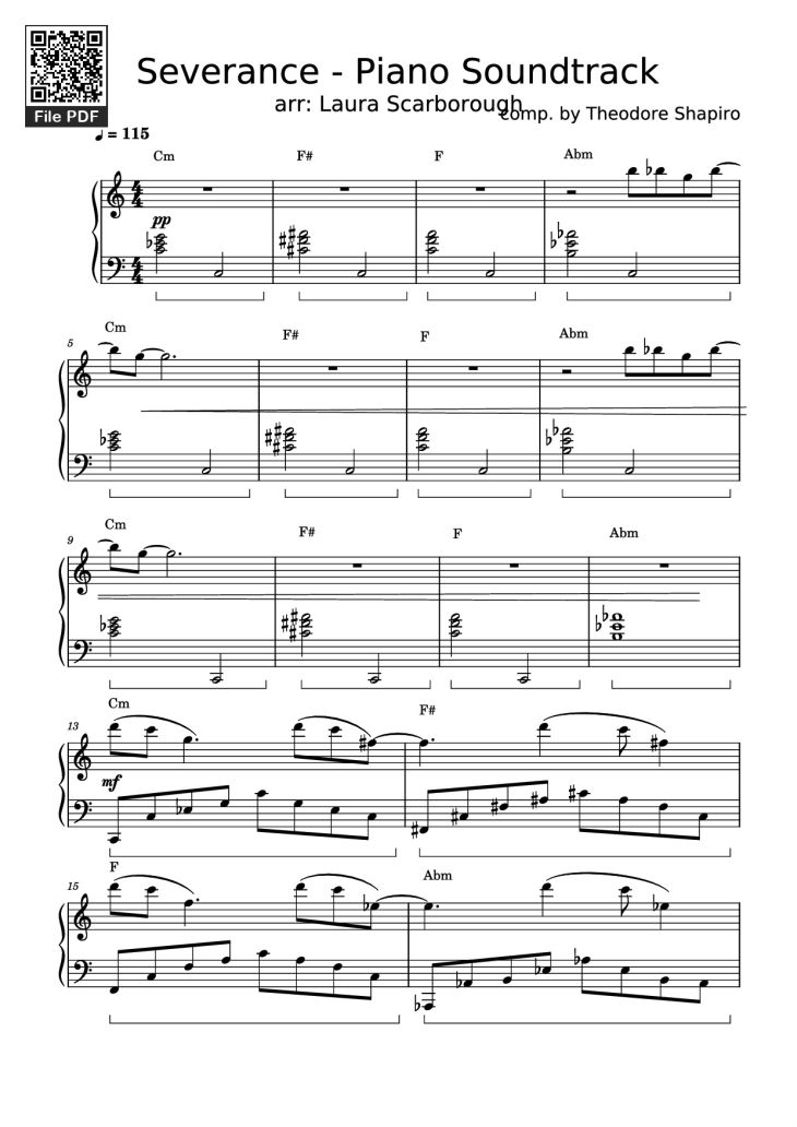 Page 1 of the piano sheet music PDF Piano – Severance - Piano Soundtrack by Comp. by Theodore Shapiro