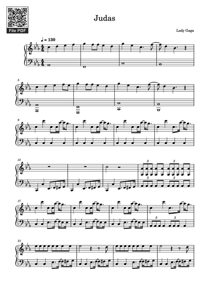 Page 1 of the piano sheet music PDF Piano – Judas Piano by Lady Gaga