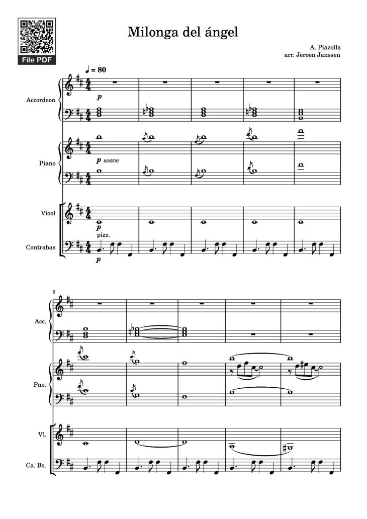 Page 1 of the piano sheet music PDF Piano – Milonga del ángel Piano by A. Piazolla