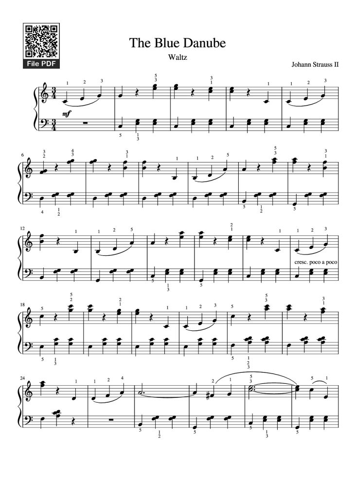 Page 1 of the piano sheet music PDF Piano – The Blue Danube Piano by Johann Strauss II