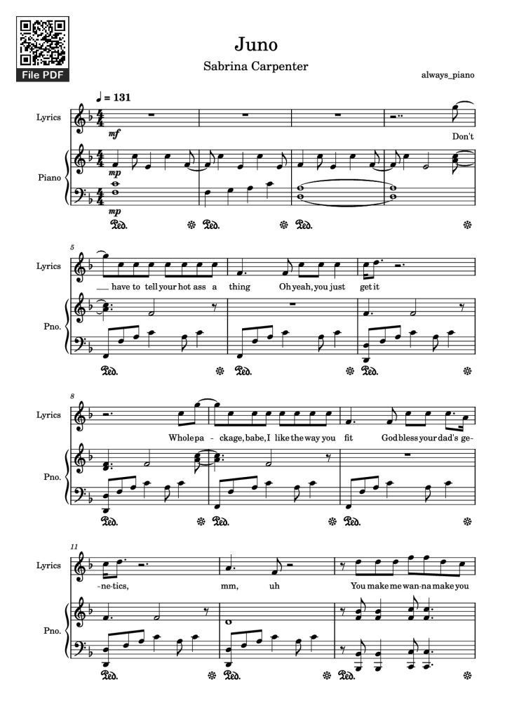 Page 1 of the piano sheet music PDF Piano – Juno Piano by Always_piano