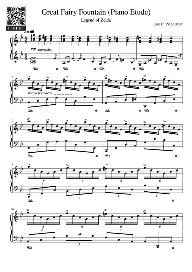 Page 1 of the piano sheet music PDF Piano – Great Fairy Fountain (Piano Etude) by Erik C