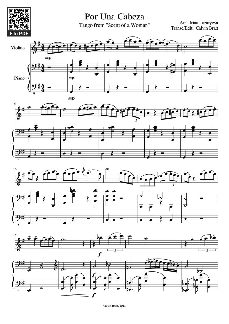 Page 1 of the piano sheet music PDF Piano – Por Una Cabeza Piano by Arr.: Irina Lazaryeva Transc/Edit.: Calvin Bratt