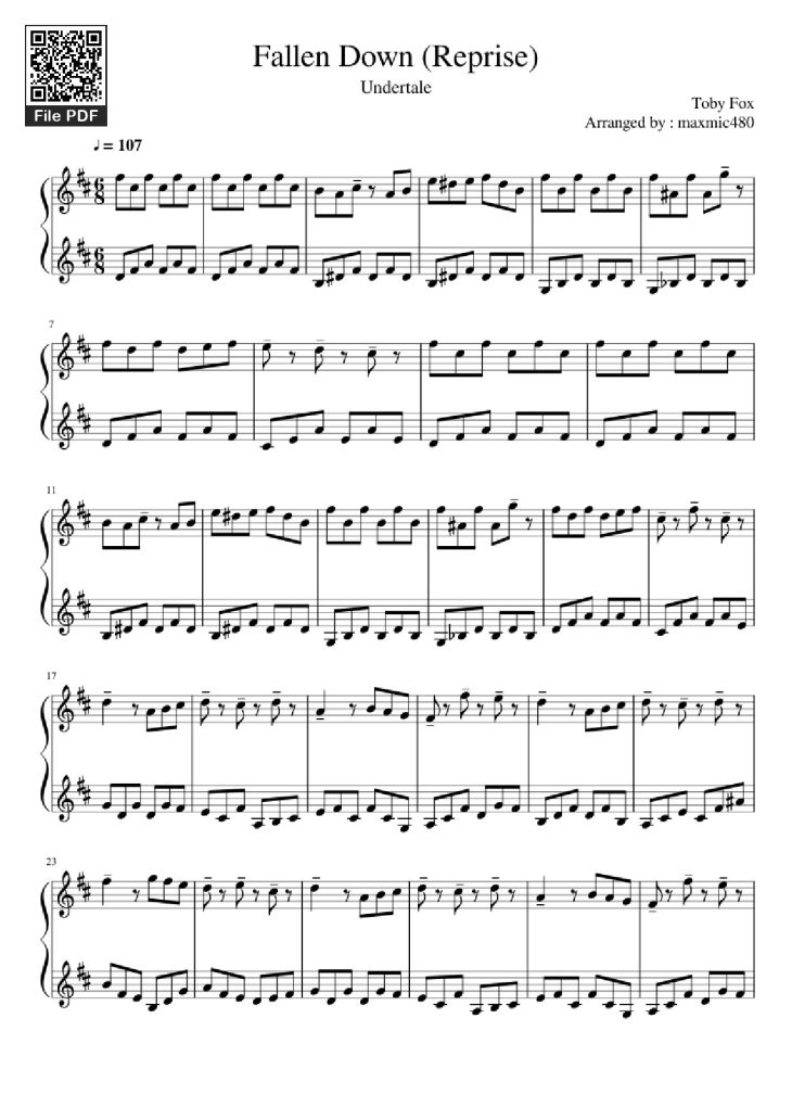 Page 1 of the piano sheet music PDF Piano – Fallen Down (Reprise) Piano by Toby Fox Arranged by : maxmic480