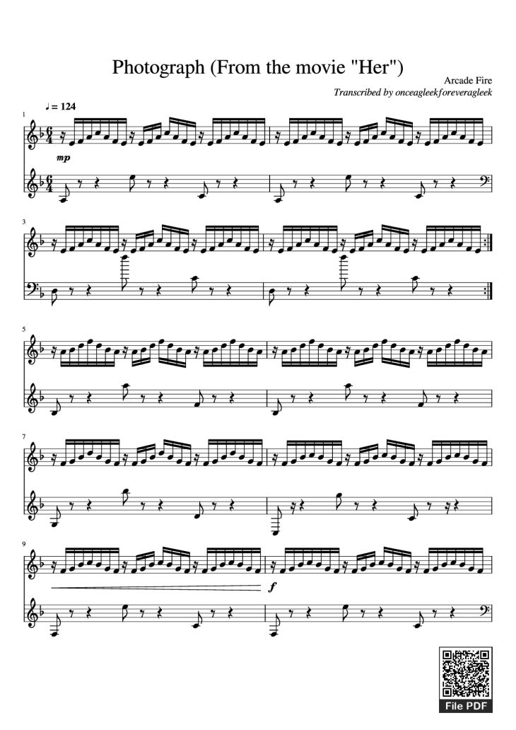 Page 1 of the piano sheet music PDF Piano – Photograph (From the movie Her) Piano by Arcade Fire Transcribed by onceagleekforeveragleek