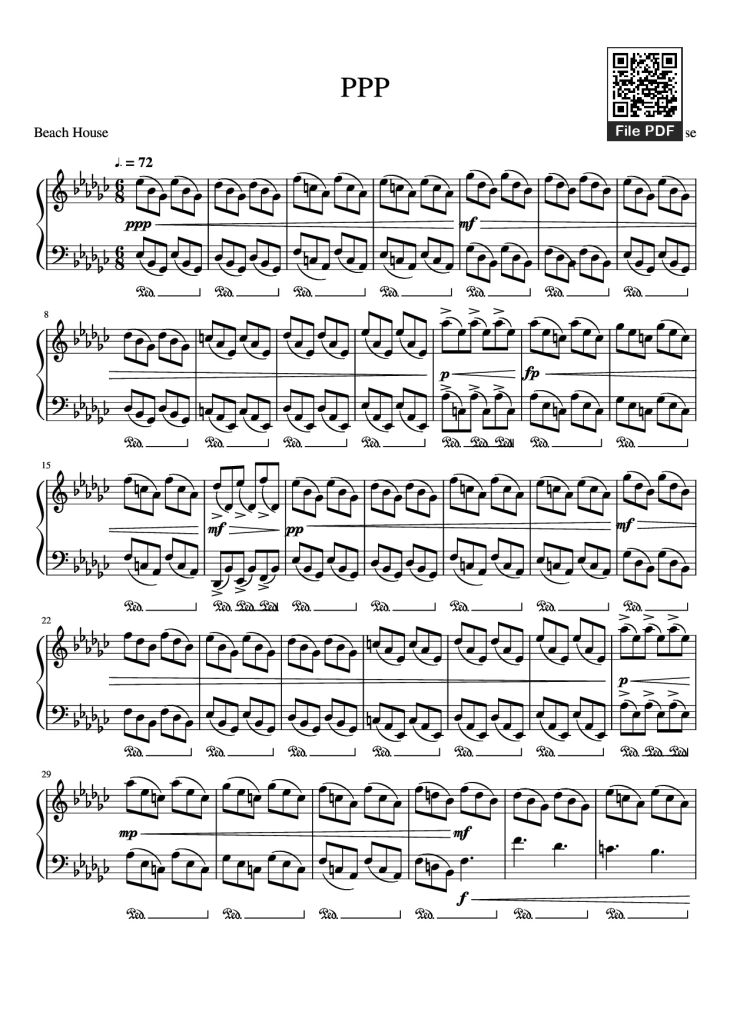 Page 1 of the piano sheet music PDF Piano – PPP Piano by Beach House