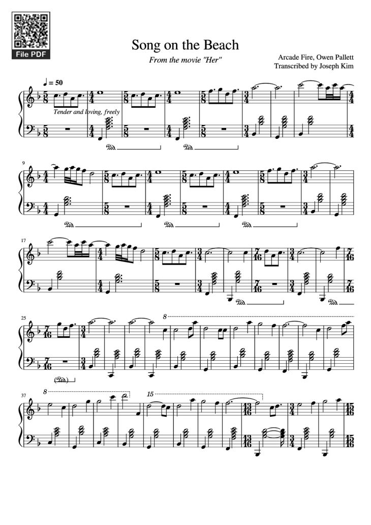 Page 1 of the piano sheet music PDF Piano – Song on the Beach Piano by Arcade Fire, Owen Pallett