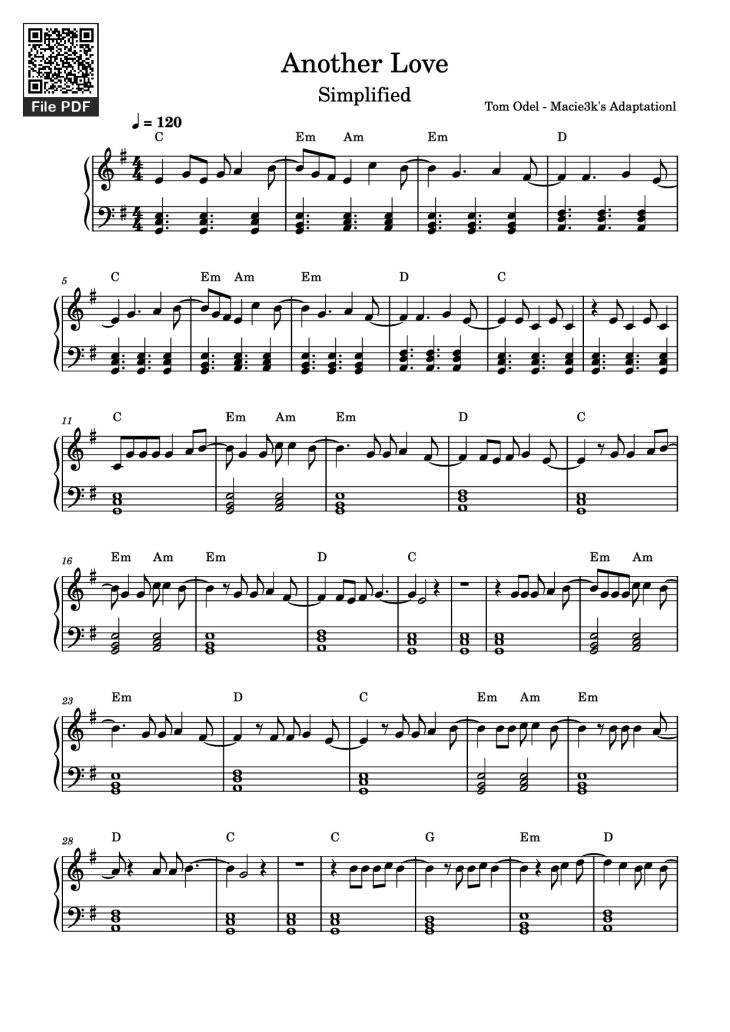 Page 1 of the piano sheet music PDF Piano – Another Love Piano by Tom Odel - Macie3k