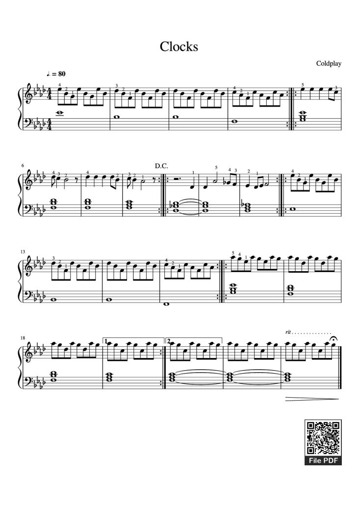 Page 1 of the piano sheet music PDF Piano – Clocks Piano by Coldplay