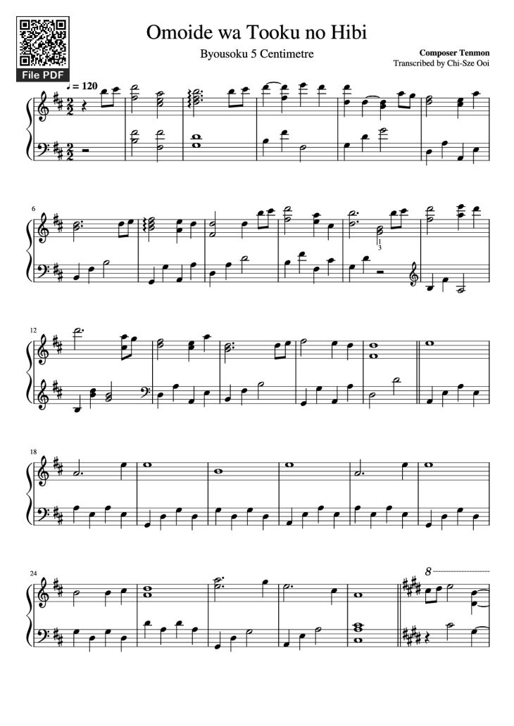Page 1 of the piano sheet music PDF Piano – Omoide wa Tooku no Hibi Piano by Composer Tenmon Transcribed by Chi-Sze Ooi