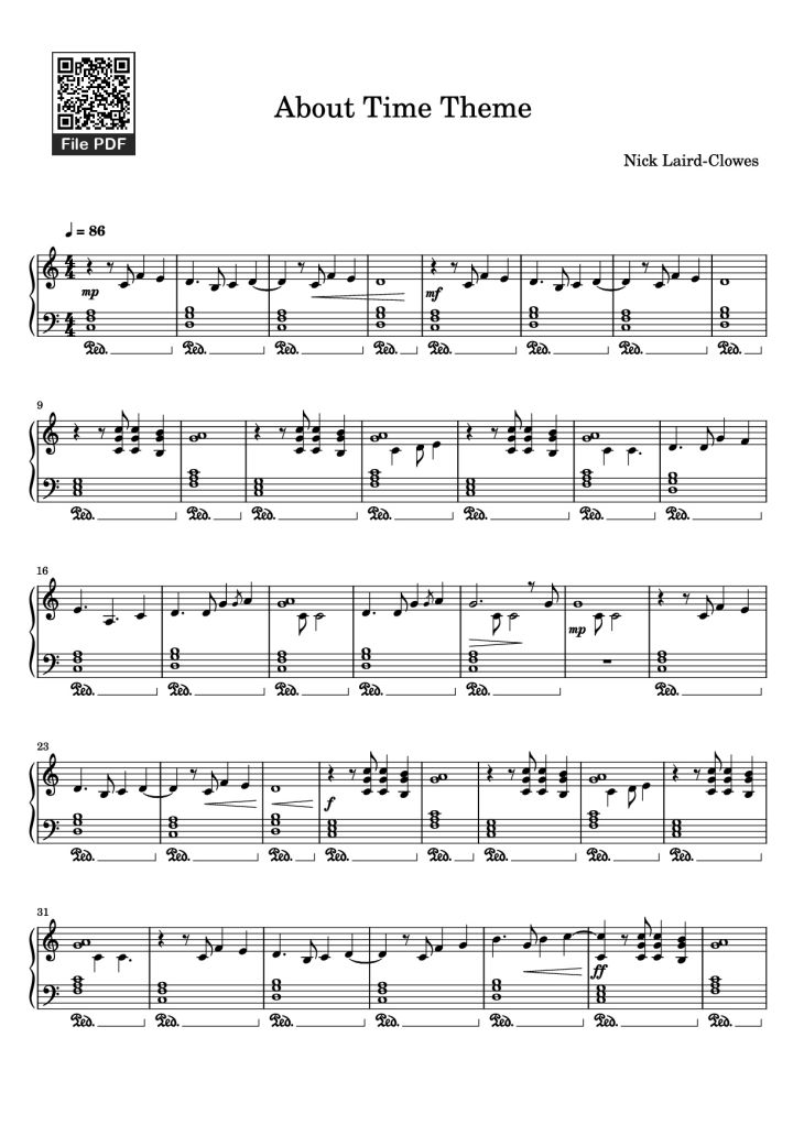 Page 1 of the piano sheet music PDF Piano – About Time Theme Piano by Nick Laird-Clowes