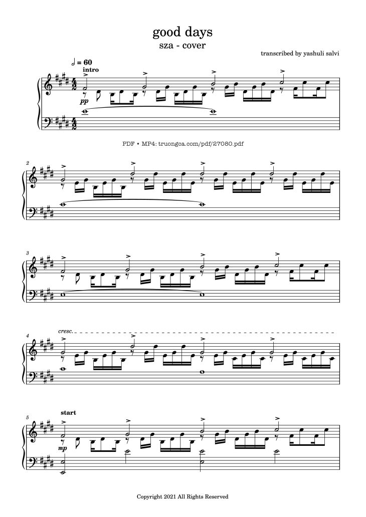 Page 1 of the piano sheet music PDF Piano – good days Piano by Sza - transcribed by yash salvi