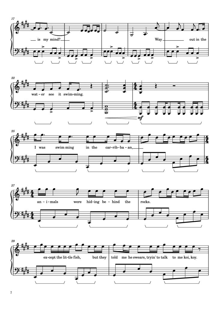 Page 2 of the piano sheet music PDF – Where Is My Mind? Piano by Pixies
