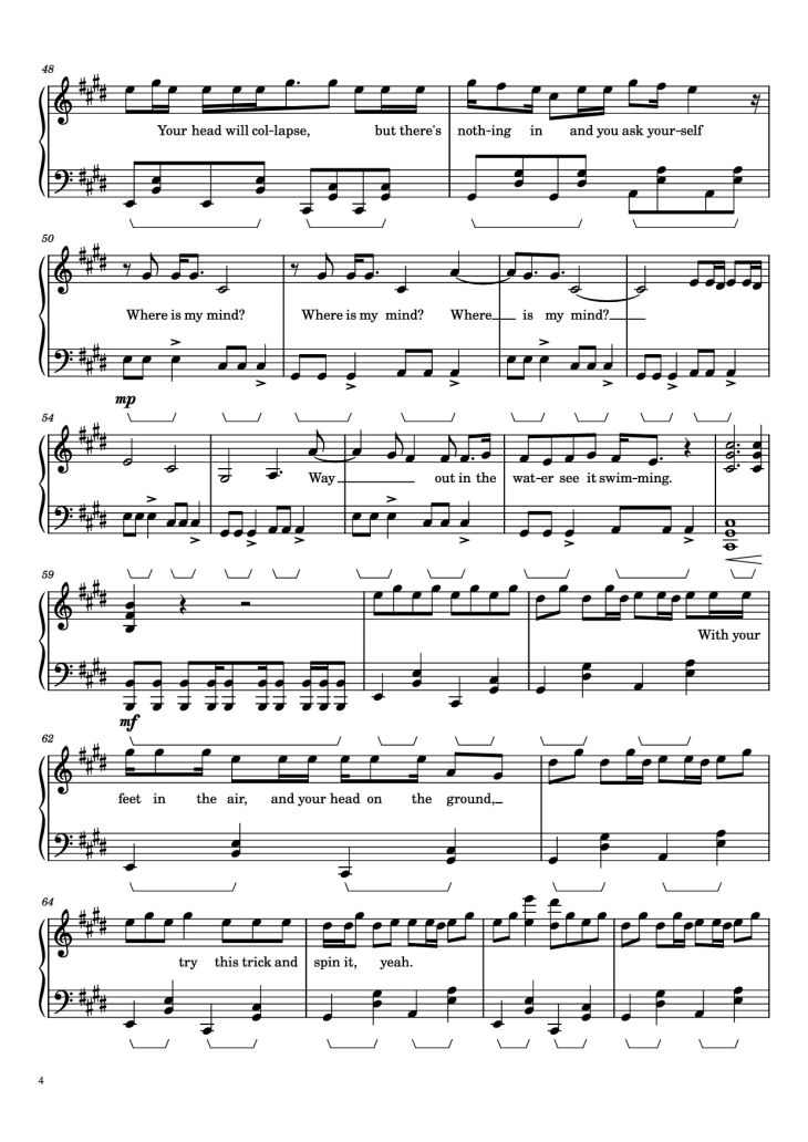 Page 4 of the piano sheet music PDF – Where Is My Mind? Piano by Pixies