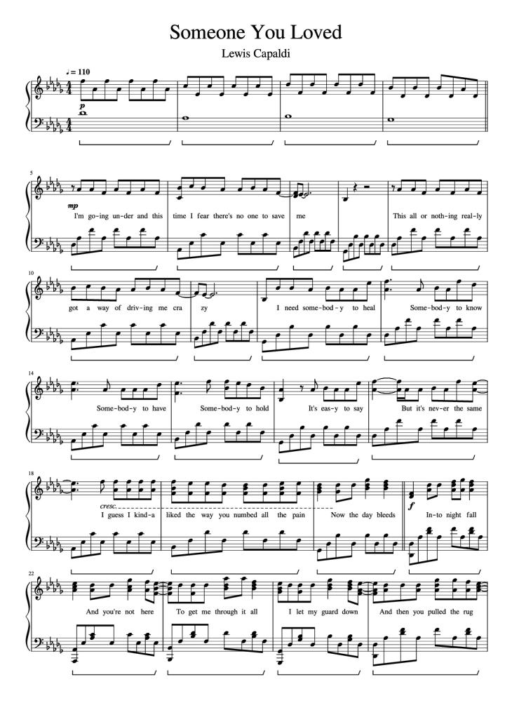 Page 1 of the piano sheet music PDF Piano – Someone You Loved Piano by Undefined