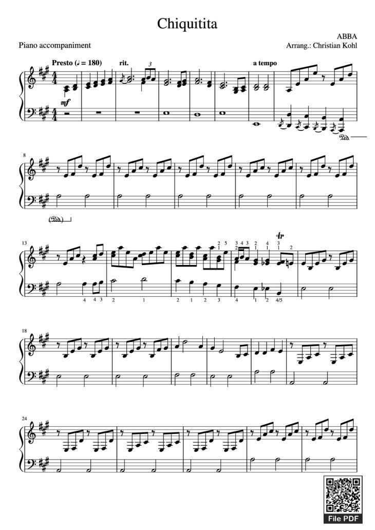 Page 1 of the piano sheet music PDF Piano – Chiquitita Piano by ABBA