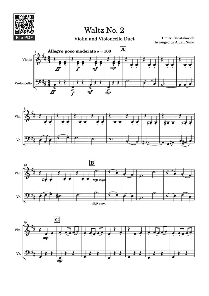 Page 1 of the piano sheet music PDF – Waltz No. 2 Violin by Dmitri Shostakovich