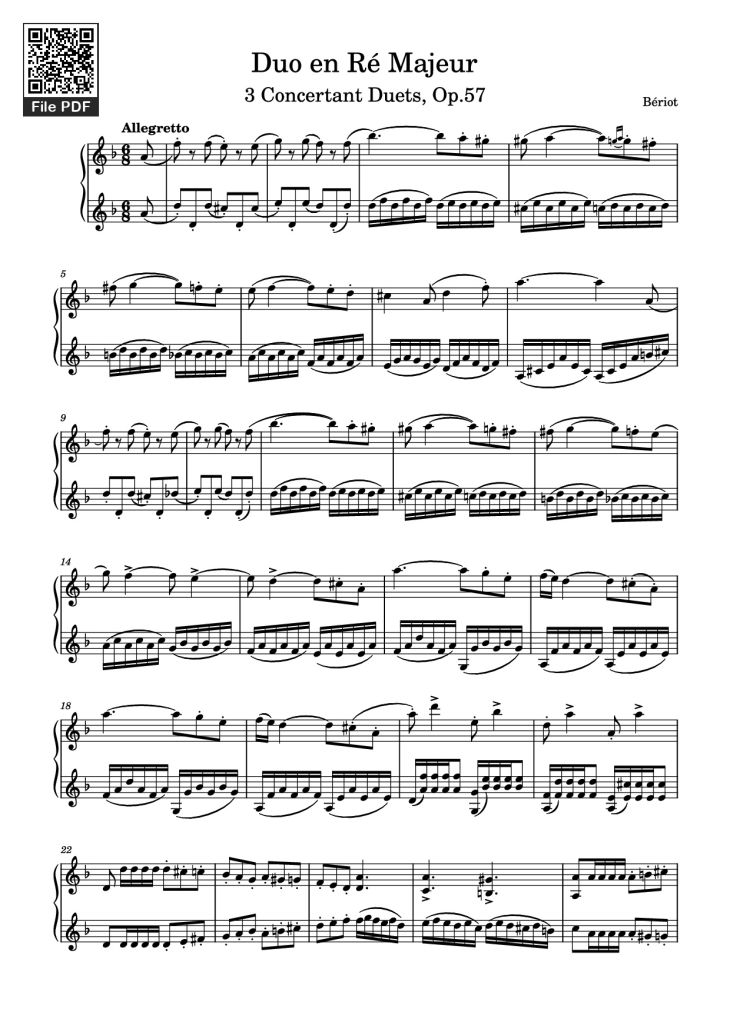 Page 1 of the piano sheet music PDF Piano – Duo en Ré Majeur Piano by Bériot