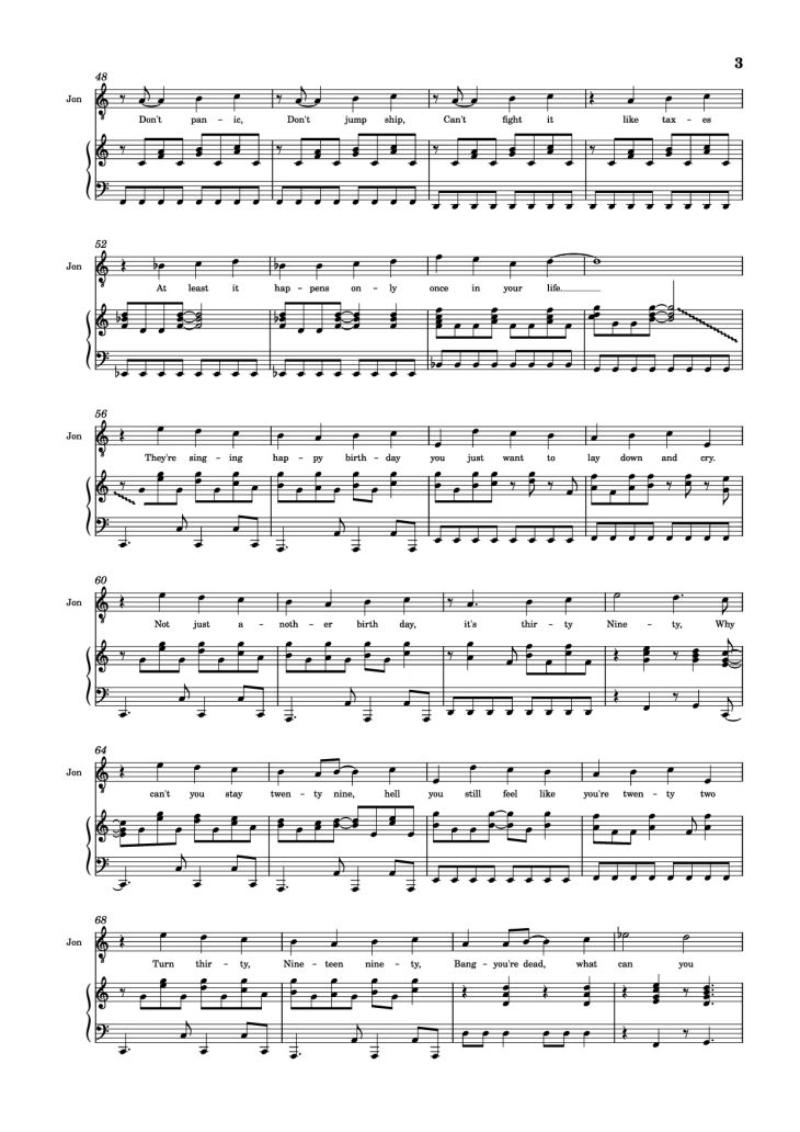 Page 3 of the piano sheet music PDF Piano – 30/90 Piano by Jonathan Larson, Andrew Garfield