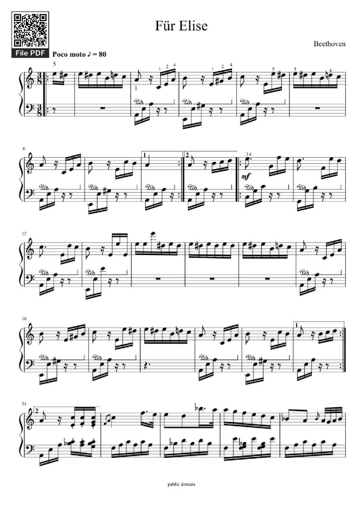 Page 1 of the piano sheet music PDF Piano – Für Elise Piano by Beethoven