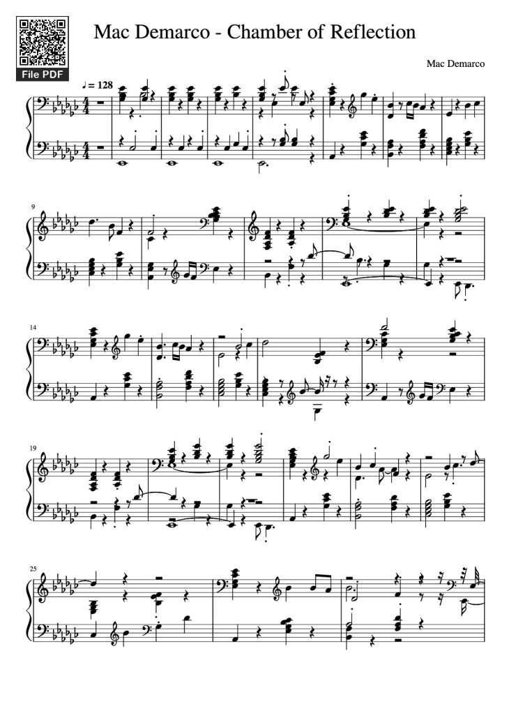 Page 1 of the piano sheet music PDF Piano – Mac Demarco - Chamber of Reflection Piano by Mac Demarco