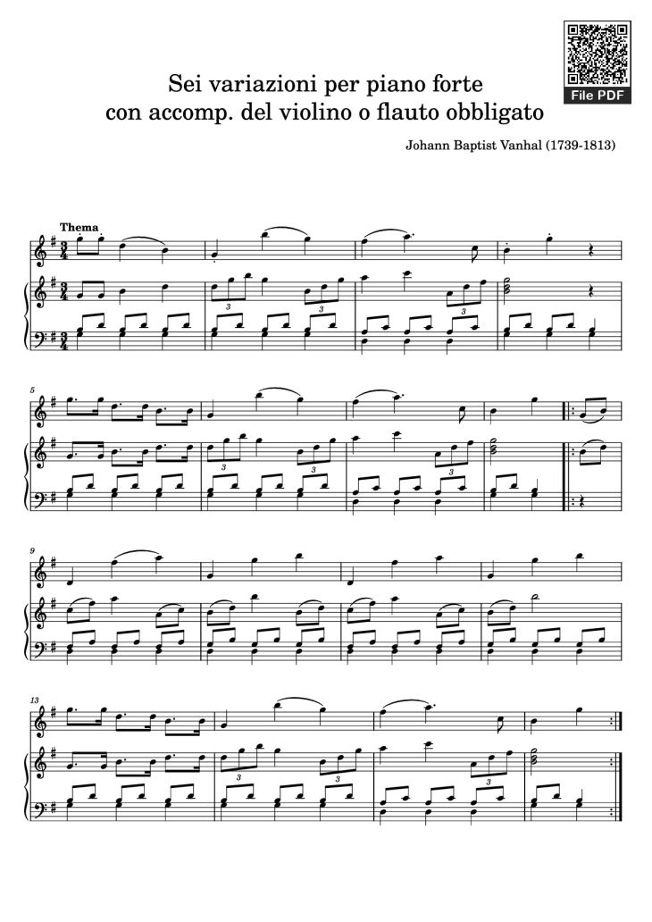 Page 1 of the piano sheet music PDF Piano – Sei variazioni per piano forte con accomp. del violino o flauto obbligato by Johann Baptist Vanhal (1739-1813