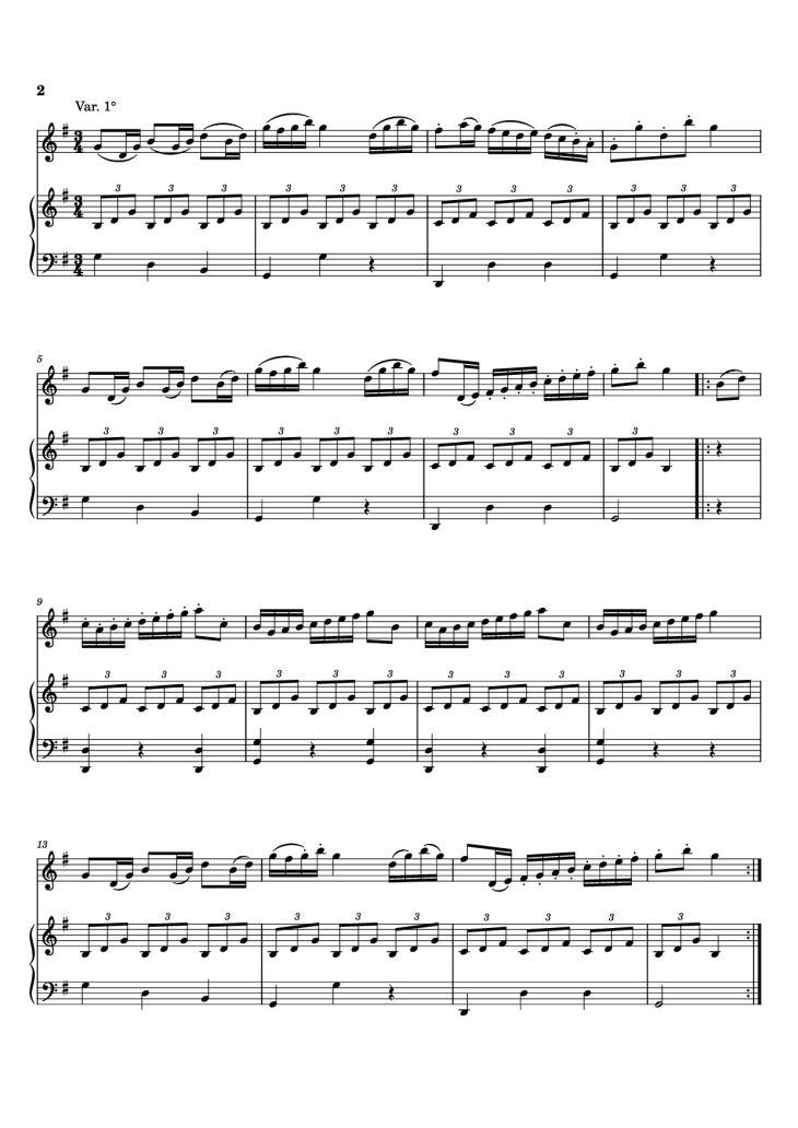 Page 2 of the piano sheet music PDF Piano – Sei variazioni per piano forte con accomp. del violino o flauto obbligato by Johann Baptist Vanhal (1739-1813