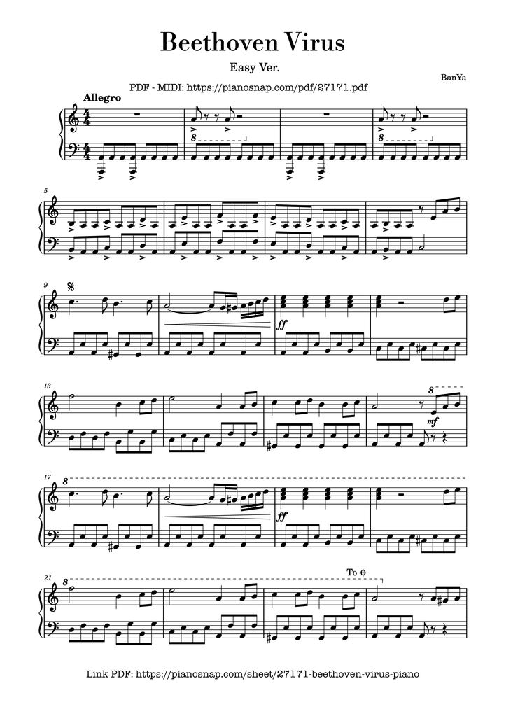 Page 1 of the piano sheet music PDF Piano – Beethoven Virus (easy) by Ludwig Van Beethoven