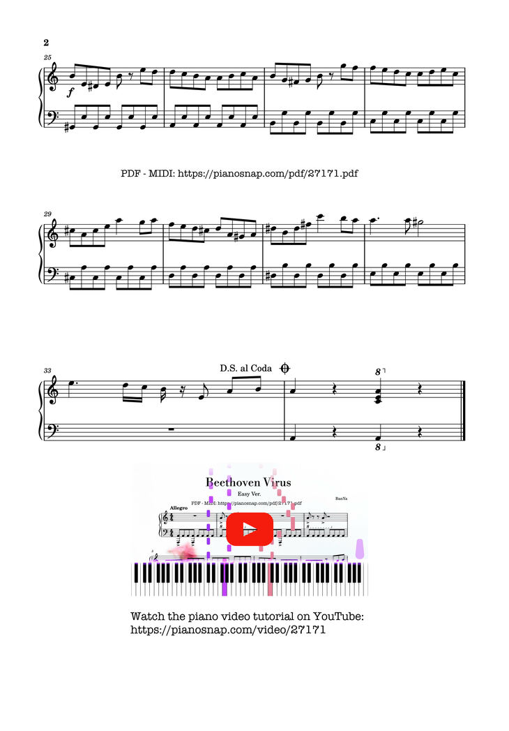 Page 2 of the piano sheet music PDF Piano – Beethoven Virus (easy) by Ludwig Van Beethoven