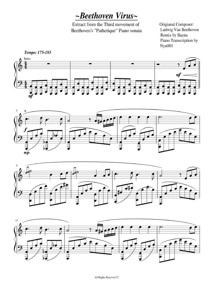 Page 1 of the piano sheet music PDF Piano – Beethoven Virus by BanYa