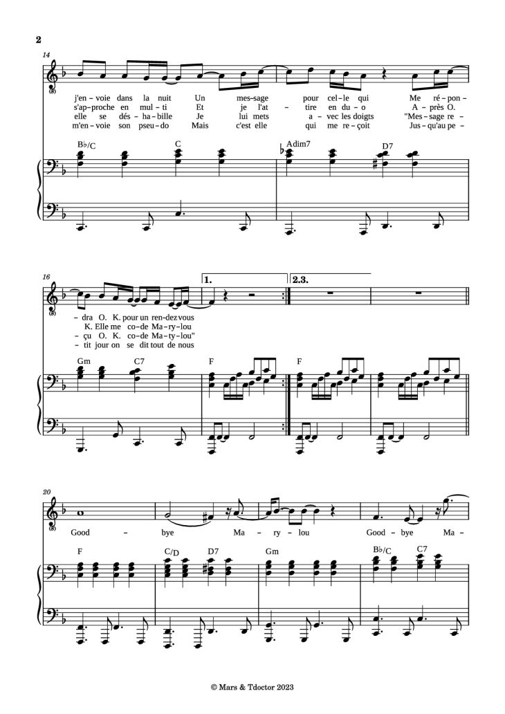 Page 2 of the piano sheet music PDF Piano – Goodbye Marylou Piano by Paroles & Musique de Michel POLNAREFF