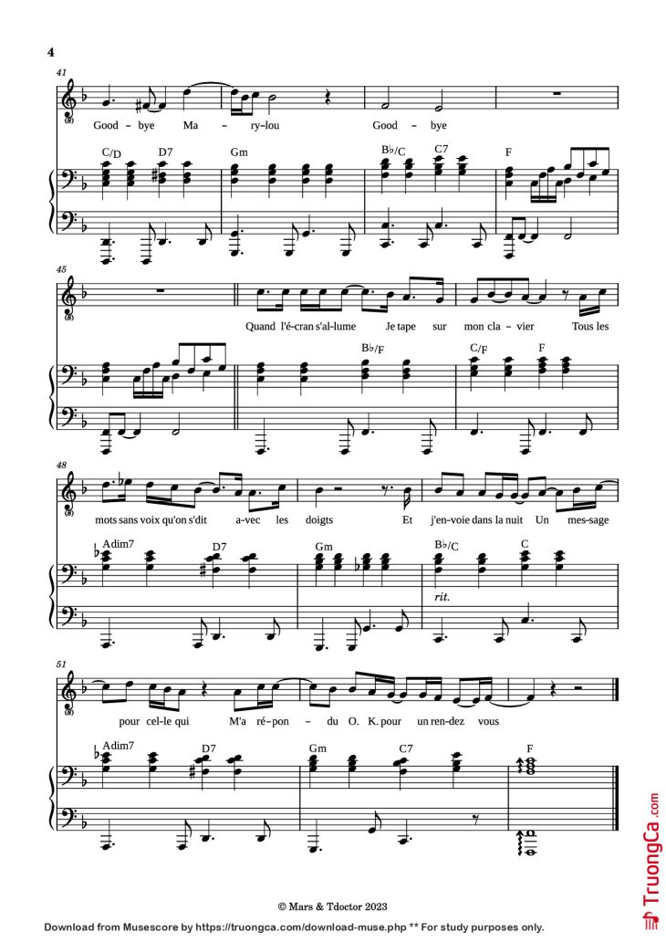 Page 4 of the piano sheet music PDF Piano – Goodbye Marylou Piano by Paroles & Musique de Michel POLNAREFF