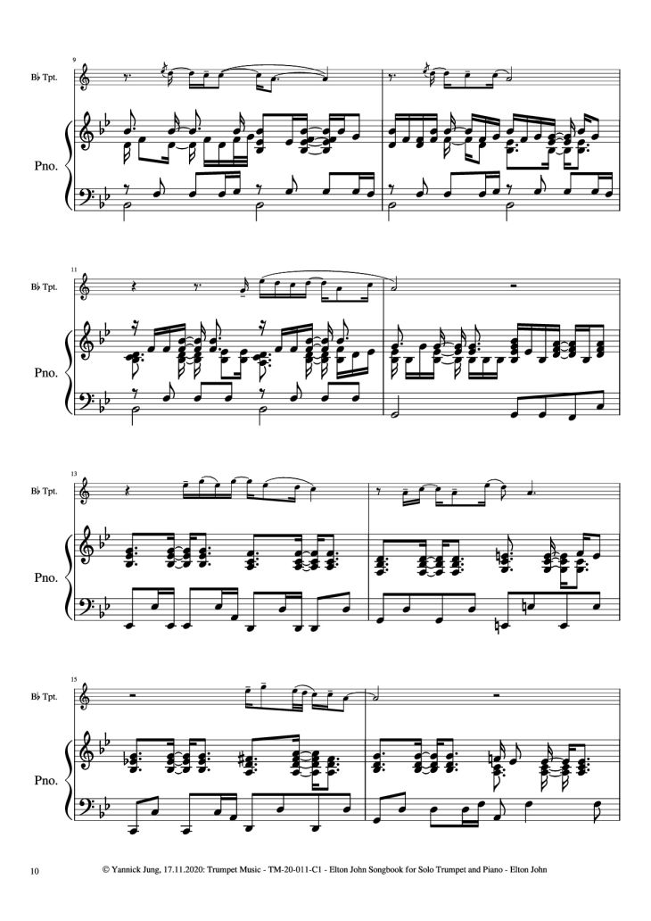 Page 11 of the piano sheet music PDF Piano – Elton John Songbook for Solo Trumpet and Piano by Music: Elton JohnArr.: Yannick Jung, 2020