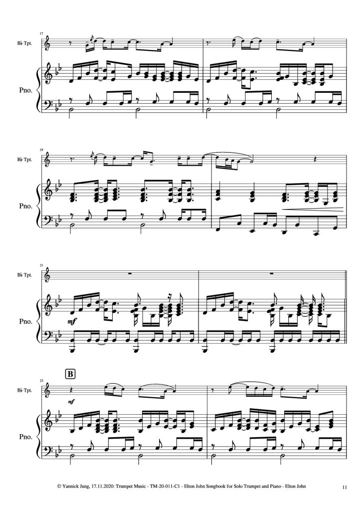 Page 12 of the piano sheet music PDF Piano – Elton John Songbook for Solo Trumpet and Piano by Music: Elton JohnArr.: Yannick Jung, 2020