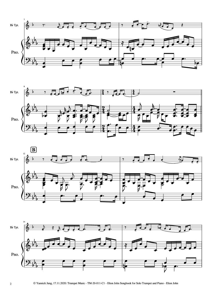 Page 3 of the piano sheet music PDF Piano – Elton John Songbook for Solo Trumpet and Piano by Music: Elton JohnArr.: Yannick Jung, 2020