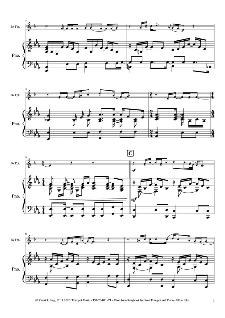 Page 4 of the piano sheet music PDF Piano – Elton John Songbook for Solo Trumpet and Piano by Music: Elton JohnArr.: Yannick Jung, 2020