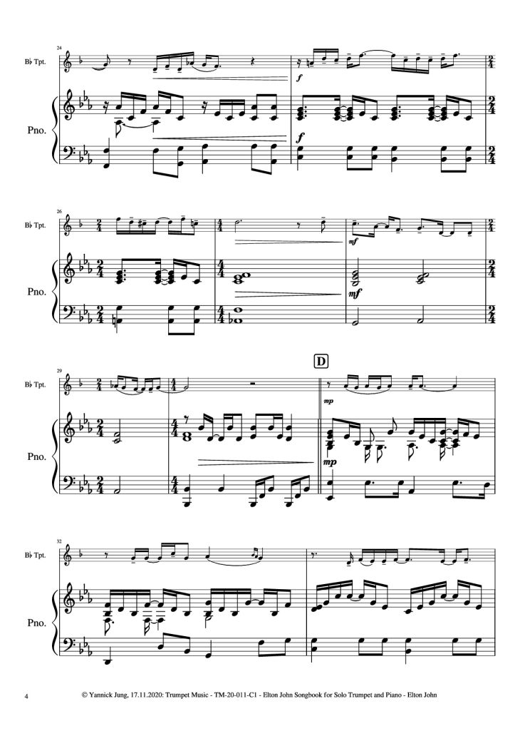 Page 5 of the piano sheet music PDF Piano – Elton John Songbook for Solo Trumpet and Piano by Music: Elton JohnArr.: Yannick Jung, 2020
