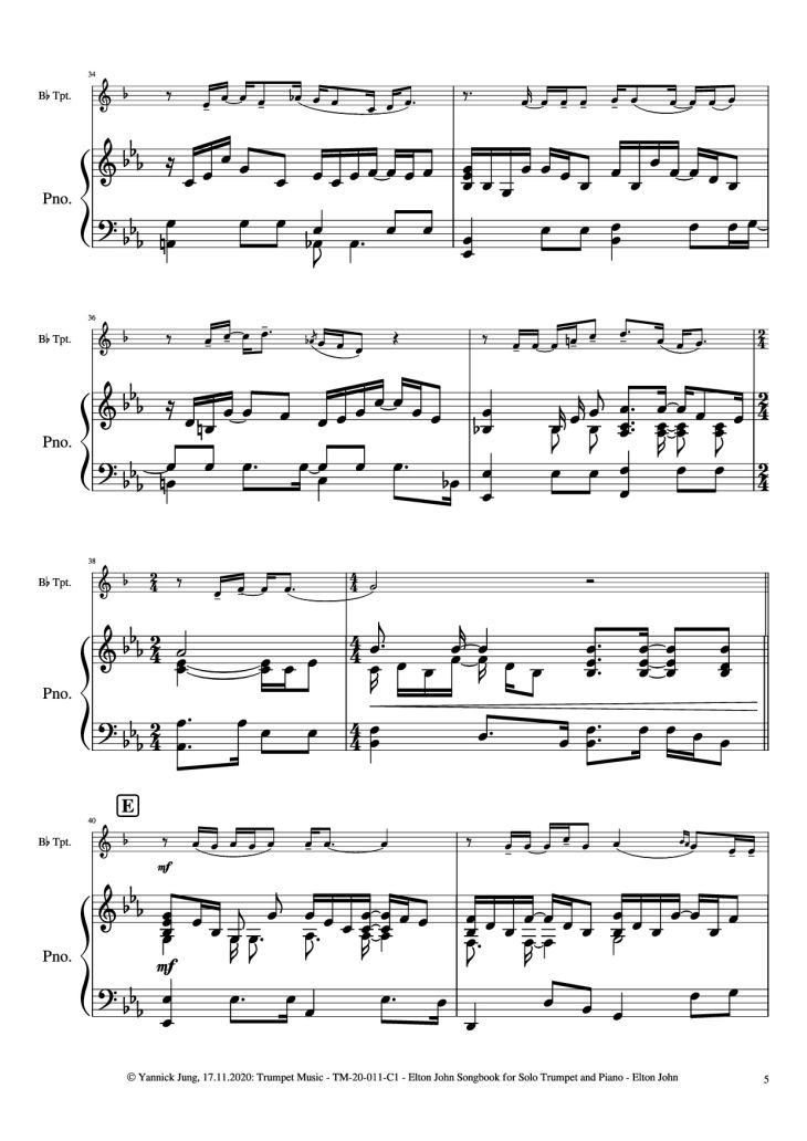 Page 6 of the piano sheet music PDF Piano – Elton John Songbook for Solo Trumpet and Piano by Music: Elton JohnArr.: Yannick Jung, 2020