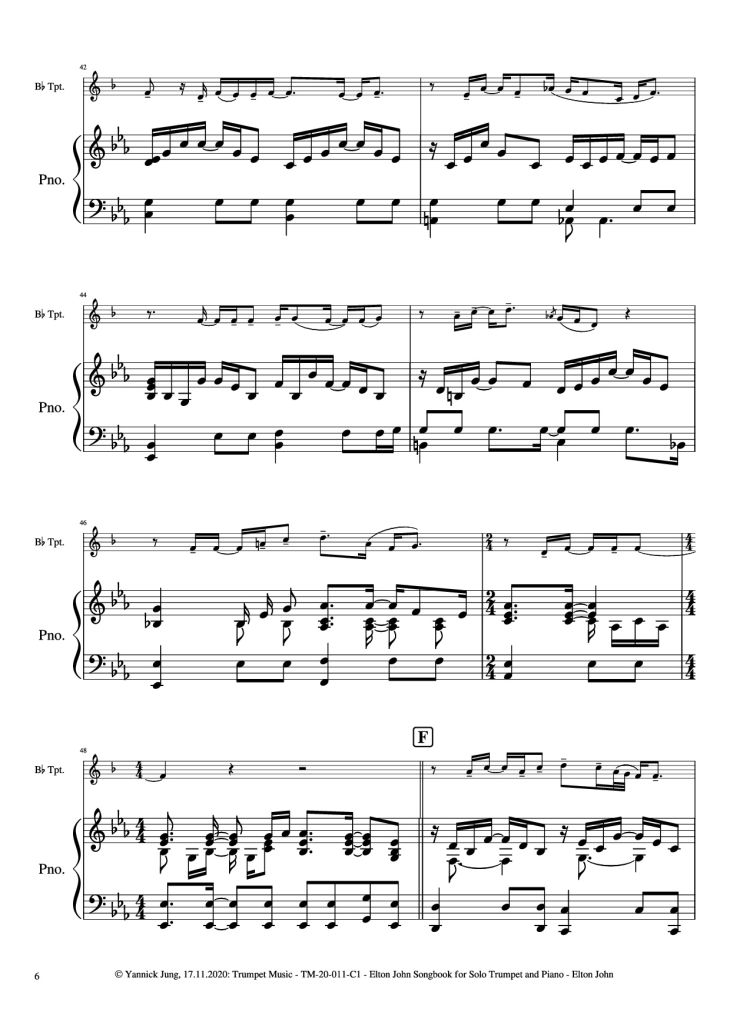 Page 7 of the piano sheet music PDF Piano – Elton John Songbook for Solo Trumpet and Piano by Music: Elton JohnArr.: Yannick Jung, 2020
