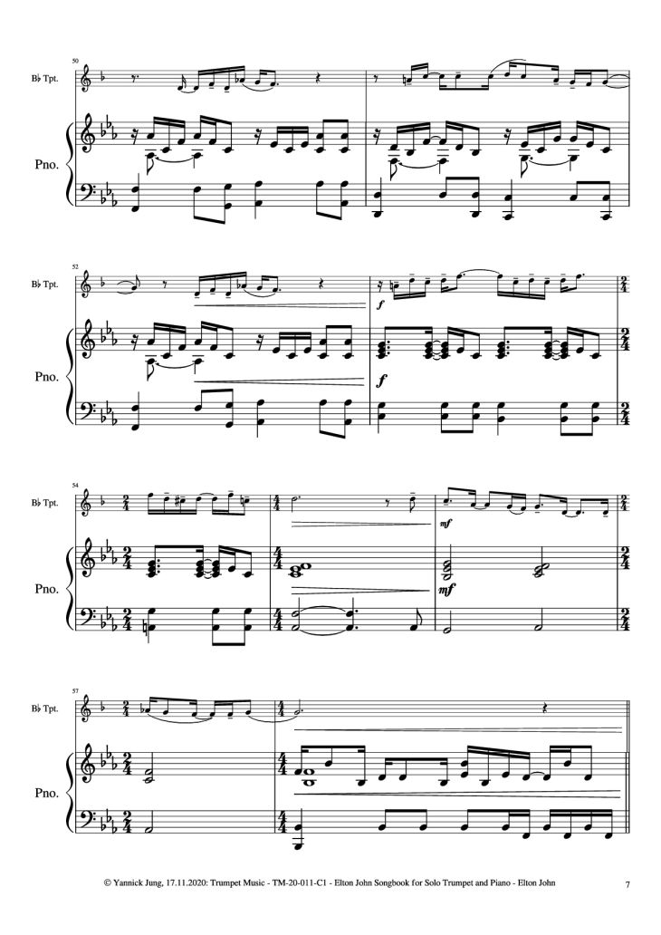 Page 8 of the piano sheet music PDF Piano – Elton John Songbook for Solo Trumpet and Piano by Music: Elton JohnArr.: Yannick Jung, 2020